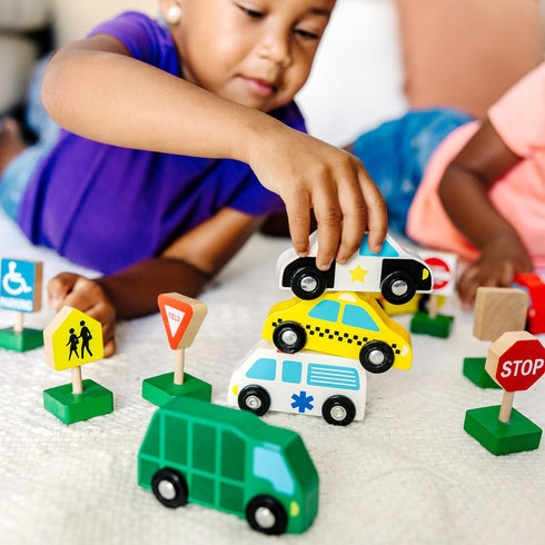 Melissa & Doug 6 Cars and 9 Traffic Signs Wooden Vehicles Set