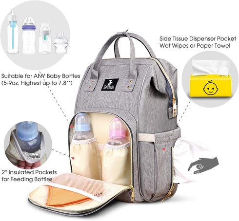 ZOUNICH Diaper Bag Backpack, Multifunction Waterproof Nappy Travel Bags with Diaper Changing Mat, Stylish Baby Bag with Thermal Pockets & Stroller Straps for Boys and Girls Gray