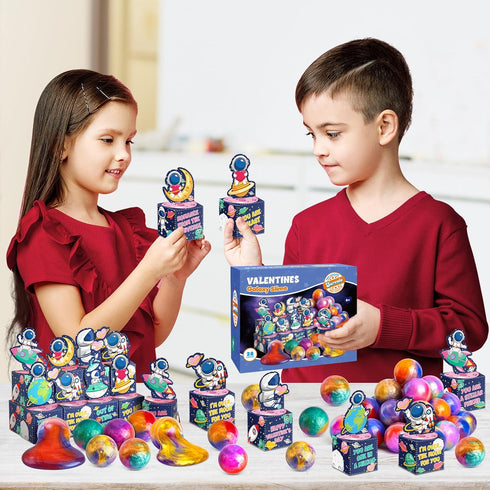 28 Pack Set SURCVIO Valentines Day Gifts for Kids, Galaxy Slime with Greeting Card Box Stress Relief Fidget Toy