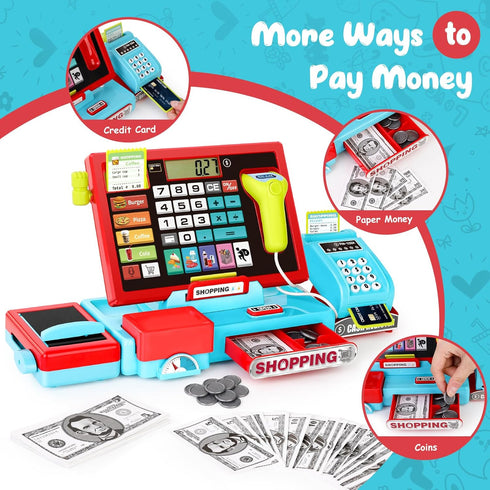 52PCS 3 4 5 6 maysida Toy Cash Register for Kids with Sound Music/Scanner/Microphone/Credit Card/Play Money, Pretend