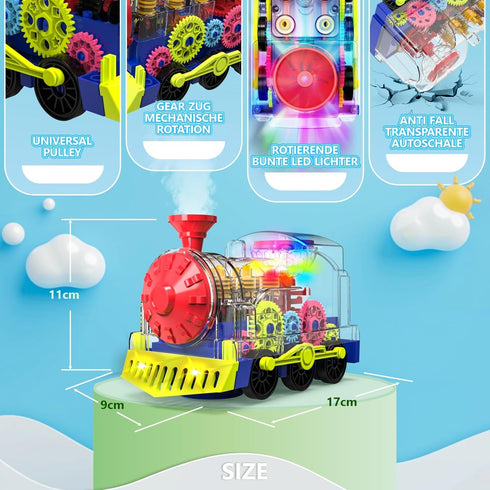 Kizeefun Light Up Train Toy for Toddlers: Educational Crawling Transparent Gear Car Toy with Cool Light and Music