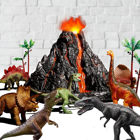 Large Volcano Set with 9 Realistic Dinosaur Action Figures, Simulated Eruptions with Sounds, Gift for Kids 2-10 Years