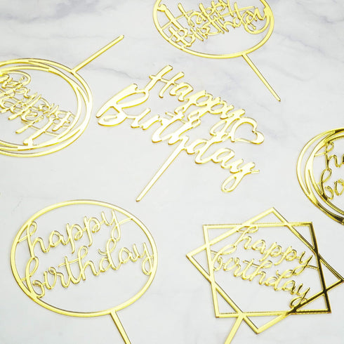 6-Pack Gold Cake Topper Set - Double-Sided Glitter Acrylic Happy Birthday Cupcake Toppers for Decorations