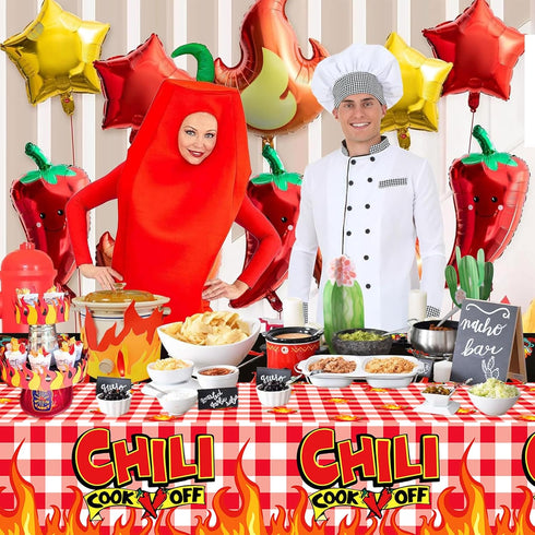 3Pcs Chili Cook Off Tablecloth - 87x51In Plastic Table Covers for Mexican Chili Buffet Baby Shower Party
