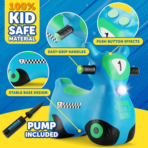 WADDLE Bouncy Hopper Inflatable Hopping Animal Scooter for Toddlers and Kids, Pump Included (Blue Zoomer)
