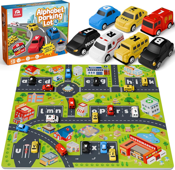 Coogam Alphabet Maze, 26pcs Pull Back Car with Play Mat Preschool Letter