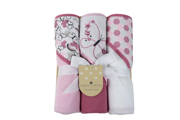 Cudlie Buttons & Stitches Baby Girl 3 Pack Rolled/Carded Hooded Towels in