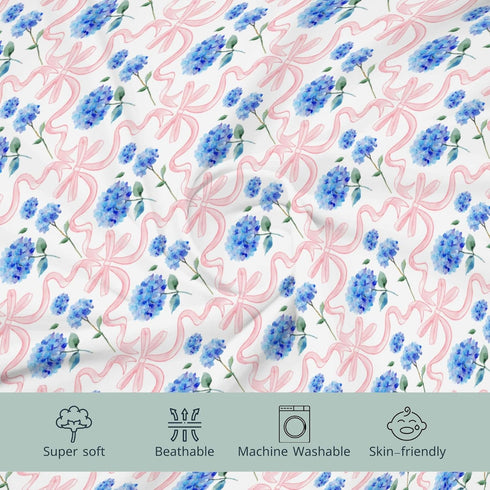 HawSkgFub 32"/34" 16" Pink Bow Hydrangea Floral Changing Pad Cover for Baby Girls Shower Gift, Boho Blue Flowers Ribbon