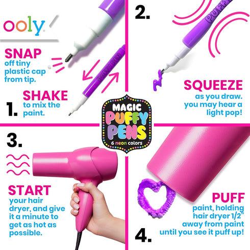 Ooly Magic Puffy Pens, Puffy Popcorn Drawing Pens Set of 6 Neon Colors with 3D Ink, Add Heat & Watch Art Grow! Creative Markers for Kids & Toddlers, Fun Art Supplies for Drawing & Coloring by Ooly