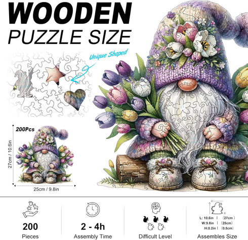 200pcs 10.6'' 9.8'' Gnome Wooden Puzzles for Adults, Wooden Jigsaw Puzzles for Adults, Gnome Flowers Unique Shaped