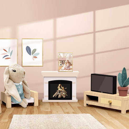 Cozy Playset SPEEDY MONKEY Dollhouse Living Room with Bunny Miniature FSC Wooden Furniture Sofa, TV Pretend Play Fully