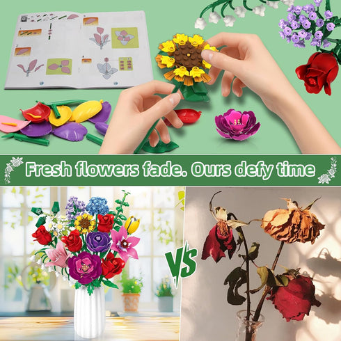 Set kiothdre Flower Bouquet for Adults, Botanical Collection Building Block Toy with Roses Sunflower for Teen Girls