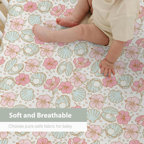 Summer 52"x28" Boho Mermaids Floral Baby Crib Sheets for Boy Girl Beach Seashells Conch Tropical Flowers Soft Snug