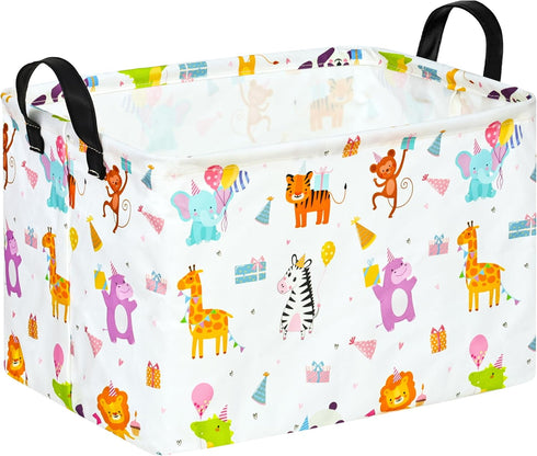 Rectangle ZOO Happy Birthday Party Gift Shelf, Nursery Storage Basket, Laundry Hamper with Handles, Toys Storage Box