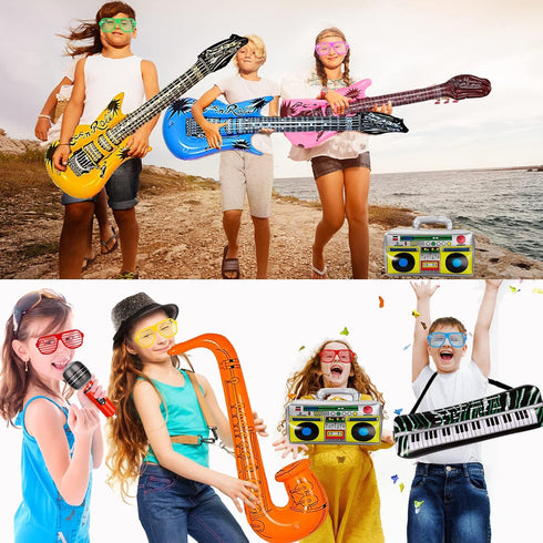 22 Pack Inflatable Guitar Set - Blow Up Guitars, Microphones, Glasses, Saxophone, Piano, and Recorder for Kids