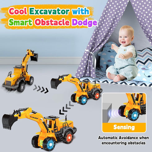 2 1 3 4 5 6 Car Toys for Toddlers, Excavator Toy with Flashing Lights Music, Toy Trucks Construction Vehicle
