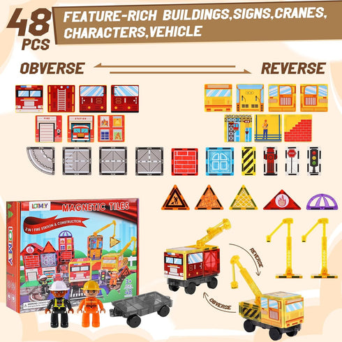 Set 2 3-5 5-7 8-12,STEM 3+ Magnetic Tiles Road with Cranes & Double-Sided Magnet Tiles,Boys Toys for Ages Magnetic