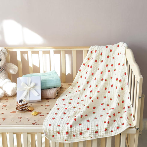 Brnabiou 6-Layer 100% 41"x41" Ultra Soft Muslin Cotton Baby Blanket Breathable Lightweight Strawberry Swaddle Blankets