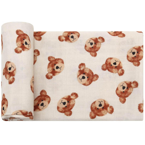 LifeTree Muslin Baby Swaddle Blankets, Large 47" x 47", Boys Girls Swaddling Wrap for Newborn, Bear Head Pattern