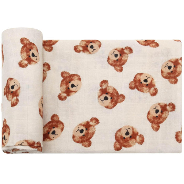 LifeTree Muslin Baby Swaddle Blankets, Large 47" x 47", Boys Girls Swaddling Wrap for Newborn, Bear Head Pattern