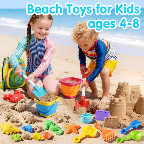 LullaBlock Set 20 3-10 Beach Toys for Kids, Sand Toys with Collapsible Sand Bucket, Shovel, Marine Life & Vehicles