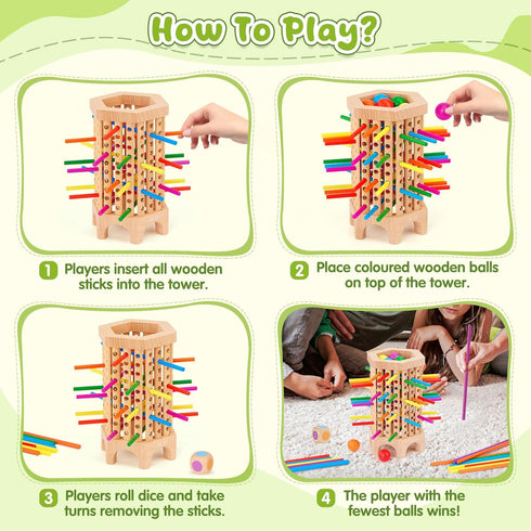WhimsiPlay 36 3 4 5 6 Montessori Game Wooden Board Game, Colorful Wooden Sticks Dice Game, Math Educational Toy