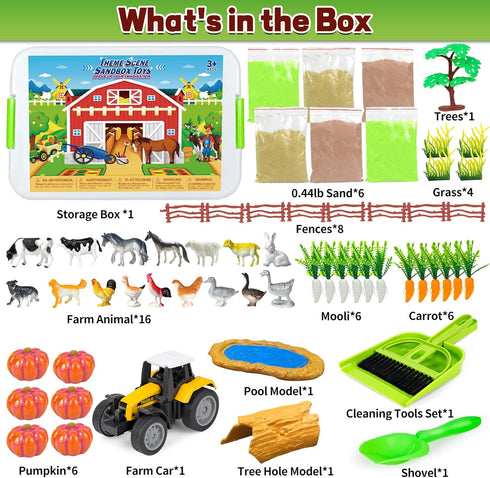 59 Playset, Bloolilies Sensory Bin, Pcs Farm Sensory Sand Box Kits with Sandbox & Farm Animals & Tractor Play Sand Art