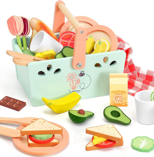 Wooden Toy Picnic Playset, 31 Pcs Wooden Play Food Sets Sandwich Stacking