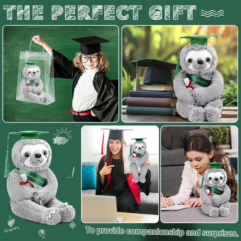 Plush Bear 10 Inch Stuffed Animal for Class of 2025 Graduation Gifts, Green Sloth with Clear PVC Bag