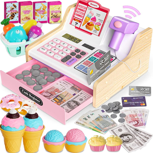 Wooden Cash Register for Kids, Rechargeable Kids Cash Register with Scanner, Pretend