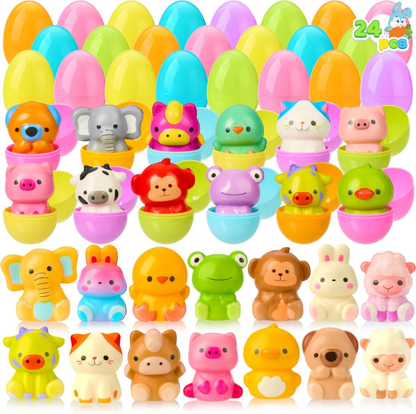 JOYIN 24 Pcs Easter Prefilled Eggs with Animals Squishy Toys, Cute Toys