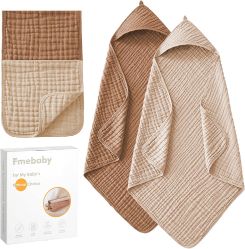 2 Pack Muslin Hooded Baby Bath Towels and 2 Pack WashCloth Set,