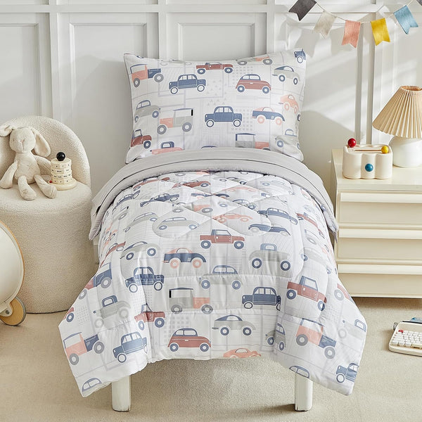 JHXHMX Car Toddler Bedding Set for Boys,4 Piece Bed-in-a-Bag Toddler Comforter Set,Soft