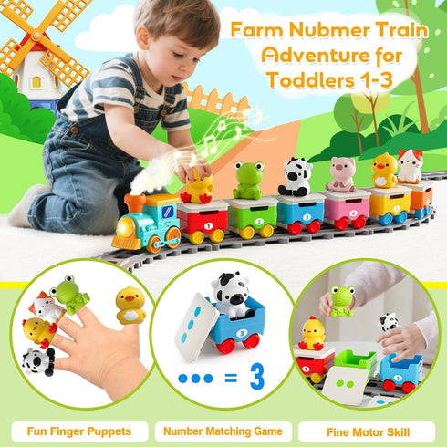 1 2 3 Set Counting, 18M+ Toddler Toys for Year Old, Electric Farm Animal Train with Music, Lights & Steam, Montessori