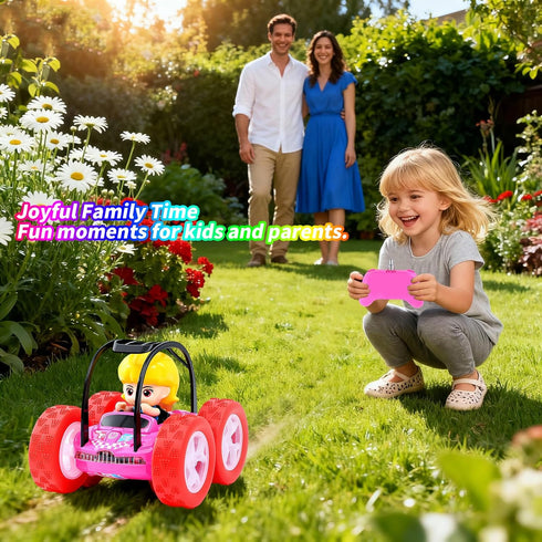360 3-8, Cartoon Girl Driver RC Stunt Car for Kids Flips, Music & Lights, USB Rechargeable Remote Control Car Toy