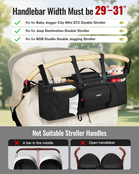 GT2 YOREPEK Padded Double Stroller Organizer with Removable Cooler Bag,Fits for Bob Duallie,Baby Jogger City Mini