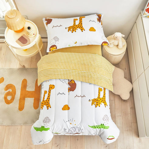 4 Set Flysheep Piece White Toddler Bedding for Baby Girls and Boys, Cute Animals Printed - includes Quilted Comforter