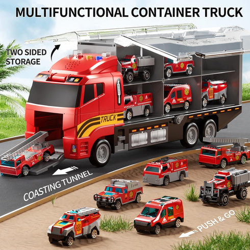 NIPLOOOW 3-5 Set 3-5, 3-8+ Toddler Boys Toys for Years Old, Fire Truck Vehicle with Play Mat and Die-Cast Toy Car