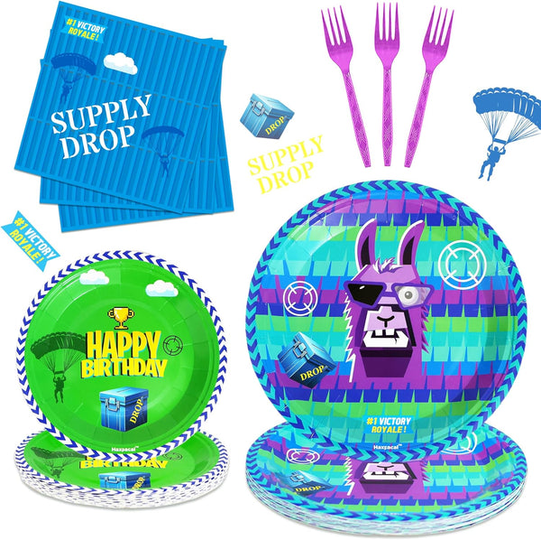 64Pcs Video Games Llama Party Tableware Supplies, 32 Plates, 16 Forks, 16 Napkins, Birthday Decorations