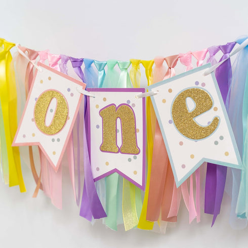 1st Pastel Rainbow High Chair Banner - Sweet One Highchair Banner Birthday, Pastel Rainbow Ribbon Garland, First