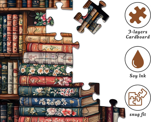 PICKFORU 1000 Vintage Book Puzzles for Adults Pieces, Bookshelf Wildflower Pages Jigsaw Puzzle, Retro Library Aesthetic