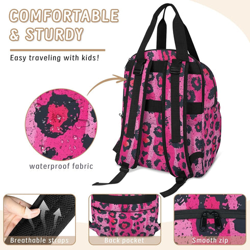 Shoblo Backpack Leopard Print Rosy Diaper Bag for Travel, Waterproof Diaper Bag with Insulated Bottle Pockets & USB