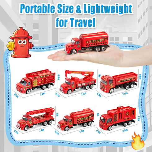 6 Pack 3-5, Playset 3-9 QUANA Diecast Fire Truck Goodie Bag Stuffers, Mini Firetruck Toys for Toddlers City Fire Trucks