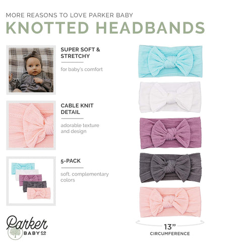 Parker Baby 5 Pack Cable Knit Nylon Headbands - Soft, Stretchy Bows for Girls, Multiple Colors