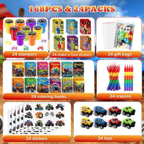 168Pcs Set BenLouis Monster Truck Party Favors Truck Car Theme Coloring Books Crayons Sticker Bulk for Kids Racing