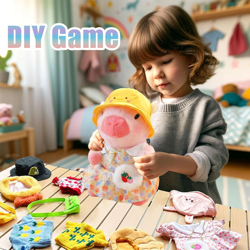 Capybara Plush Toy with 7 Pcs Clothes & Accessories, Cute Stuffed Animal with Outfits (white)