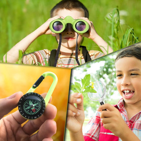 Promora Binoculars for Kids, Set with Magnifying Glass & Compass, Purple, for Ages 3-12