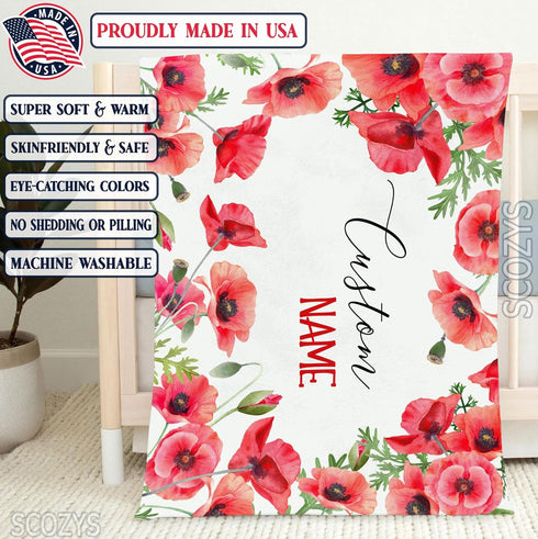 Personalized Poppies Flower Baby Blanket, Poppies Baby Nursery Bedding Blanket, Custom Poppies Baby Receiving Blanket