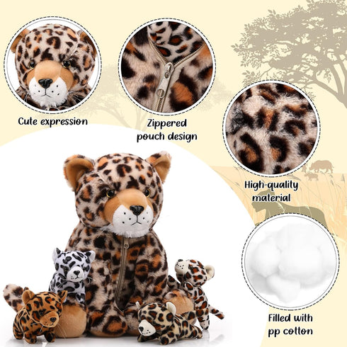 5 Mommy 4 Tummy Silipull Pcs Cheetah Stuffed Animals for Kids Large Cheetah Plush with Baby Leopard Plush Toys
