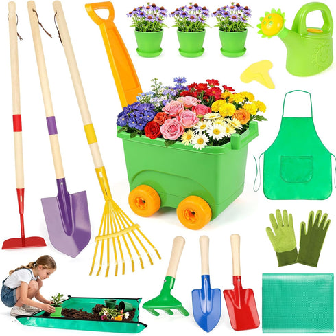 FHOZGECY Kids Gardening Set, Outdoor Toys with Wheelbarrow and Kids Garden Tools, Toddler